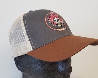 Grateful Dead-Hat-Trucker-Snap back,Bertha-Skull and Roses -embroidered cap Charcoal with Brown bill  and tan mesh/Structured 6 panel hat