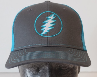 Grateful Dead-Hat-Trucker-Snap back- Lightning Bolt- Electric Blue on Charcoal with Electric Blue mesh.