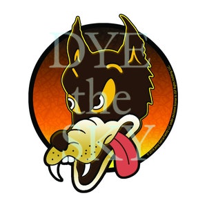 May include: A cartoon wolf with a yellow tongue sticking out, wearing a black and brown fur coat, with the words "Dye the Sky" in yellow letters on a circular orange background.