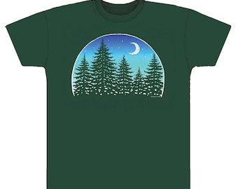 Forest T-shirt. Evening Evergreens On a dark green 100% cotton heavyweight T. Trees T-shirt/ Hiking T-shirt