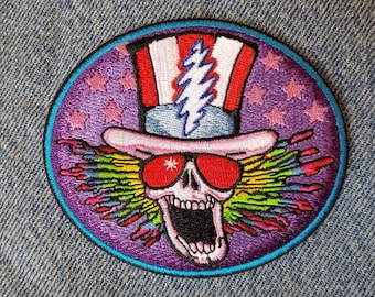 Parche de Grateful Dead - Psycle Sam. Parche 100 % bordado. ¡Esqueleto del Tío Sam con un rayo de 13 puntas!