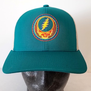 Grateful Dead-Hat-Trucker-Snap back, Orange Sunshine Steal your Face-Stealie -embroidered cap Dark Teal with tan mesh/Structured 6 panel hat