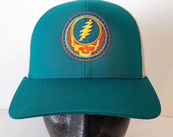 Grateful Dead-Hat-Trucker-Snap back, Orange Sunshine Steal your Face-Stealie -embroidered cap Dark Teal with tan mesh/Structured 6 panel hat
