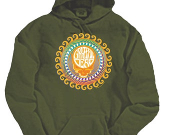Grateful Dead Orange Sunshine Stealie on Olive Hoodie / Steal Your Face / Stealy/ 13 point lightning bolt/ Psychedelic