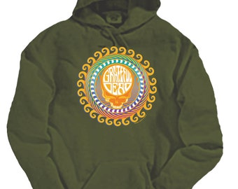 Grateful Dead Orange Sunshine Stealie on Olive Hoodie / Steal Your Face / Stealy/ 13 point lightning bolt/ Psychedelic