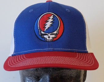 Grateful Dead-Hat-Trucker-Snap back,Classic Steal your face-Stealie -embroidered cap Red/Blue with white mesh/Structured  6 panel hat