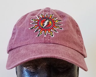 Grateful Dead Hat -Sunshine Lightning Bolt-pigment dyed Maroon Baseball Cap