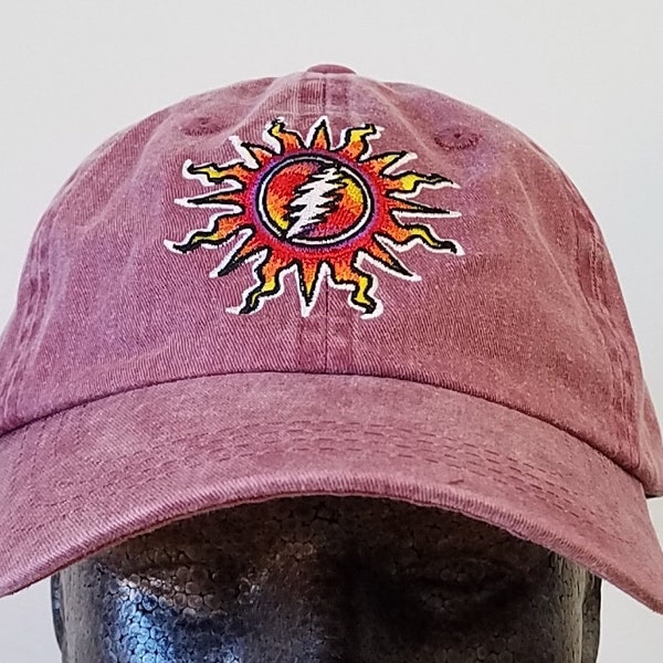 Grateful Dead Hat -Sunshine Lightning Bolt-pigment dyed Maroon Baseball Cap