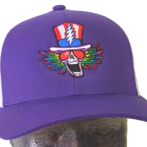 Grateful Dead-Hat-Trucker-Snap back, Psycle Sam and a 13 point bolt embroidered directly on a Purple with white mesh Trucker ball cap