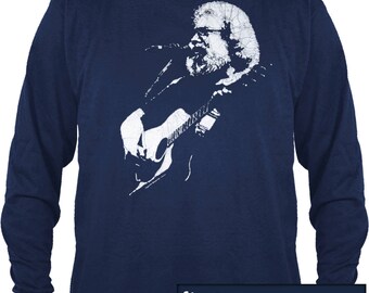 Jerry Garcia Long sleeved T-shirt. Jerry playing acoustic guitar on this heavyweight 100% cotton Navy long sleeve.