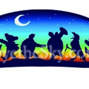 May include: Silhouettes of seven dancing bears against a colorful gradient background with a crescent moon and stars. The bears are in a line, facing forward, with their arms raised in the air. The background is a gradient of orange, yellow, green, blue, and purple.