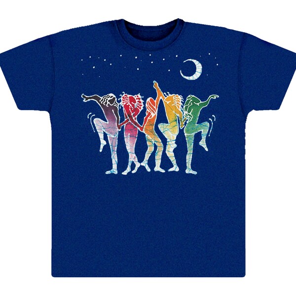 Rainbow Dancers T-shirt- 100% cotton. Dancing rainbow people under the moon.