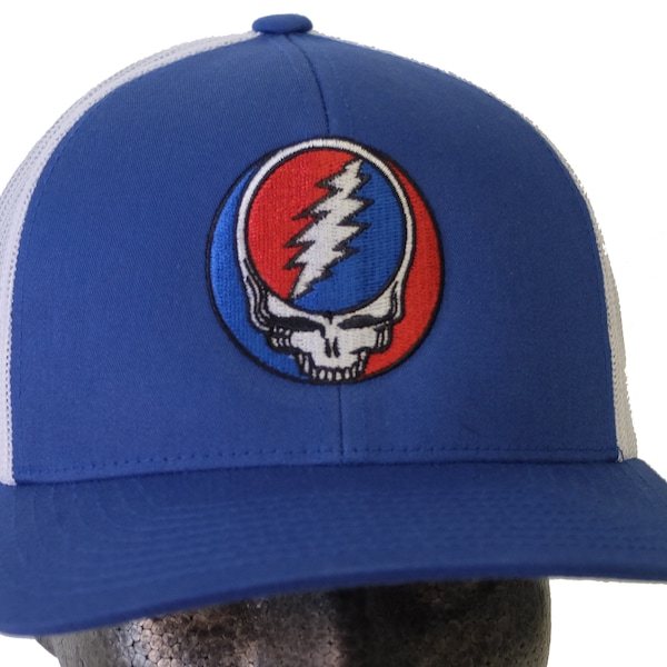 Grateful Dead Hat-Trucker Snap-back,Classic Steal your Face-Stealie -embroidered cap Royal Blue with white mesh/Structured  6 panel hat