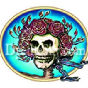 May include: A colorful, circular graphic with a skull wearing a wreath of red roses. The skull has a toothy grin and a blue scarf. The background is a blue and green gradient.