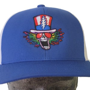 Grateful Dead-Hat-Trucker-Snap back, Psycle Sam and a 13 point bolt embroidered directly on a Royal Blue with white mesh Trucker ball cap