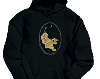 Jerry Garcia Hoodie- Jerry's Tiger Guitar emblem in gold ink on a Black Hoodie