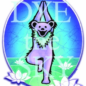 May include: A purple and blue cartoon bear in a yoga pose with the text "Dye the Sky" in a circle with a blue and green background.