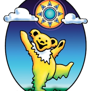 Naklejka Grateful Dead - Tańczący niedźwiedź bawiący się w słońcu. - Idealna na laptopy, samochody, okna i inne czyste, gładkie powierzchnie.