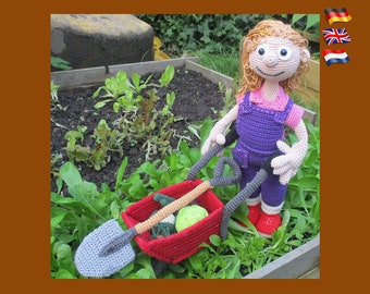 Female gardener Thea, Amigurumi doll crochet pattern, crochet doll pattern, amigurumi PDF pattern, Instant download