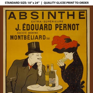 Puede incluir: Impresión de cartel publicitario vintage de Absenta, con un hombre con sombrero de copa y una mujer con un vestido negro, con botellas y un vaso de absenta sobre una mesa. El póster mide 45,72 cm x 60,96 cm y tiene texto en francés.