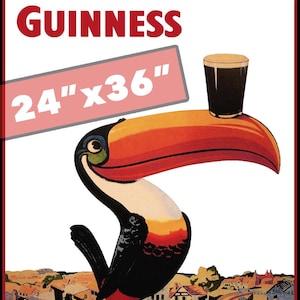 Może przedstawiać: Vintage reklama Guinnessa z tukanem trzymającym kufel Guinnessa. Plakat głosi "Lovely day for a Guinness" i ma wymiary 61 cm x 91 cm. Tukan ma duży pomarańczowy dzi&oacute;b i czarno-białe pi&oacute;ra.