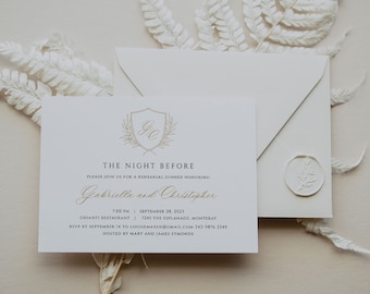 Gold Calligraphy Wedding Rehearsal Dinner Invitation Template, Night Before Dinner, Wedding Crest Rehearsal Dinner Invite, SN080B_RD