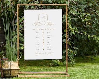 Gold Wedding Crest Timeline Sign, Monogram Order of Events, Gold Wedding Day Timeline, Infographic, Schedule of Events Sign, SN105G_OOE
