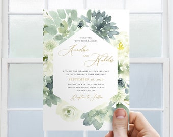 Succulent Wedding Invitation - Watercolor Greenery Invitation, Spring Summer Wedding, Succulent Invite, Templett Invitation - SN021S_WI