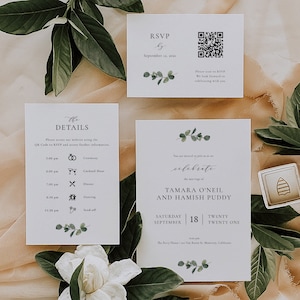 May include: Wedding invitation with a white background and green foliage accents. The invitation reads "You are invited to join us as we celebrate the marriage of Tamara O'Neil and Hamish Puddy, Saturday, September 18, Twenty Twenty One, The Perry House, 1 Van Buren St, Monterey, California."