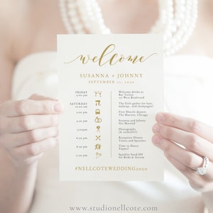 May include: A white wedding welcome card with gold lettering and icons. The card lists the wedding schedule for Friday and Saturday, including the time and location of the wedding ceremony, reception, and other events. The card also includes the hashtag #NELLCOTEWEDDING2020.