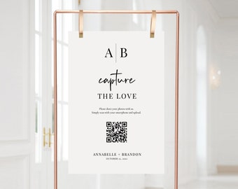 Modern Initials Capture the Love Sign with QR Code Printable, Guest Photo Sharing, Oh Snap, Wedding Hashtag Sign, Photos Sign, SN015M_PSQ
