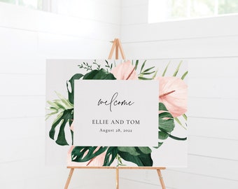 Tropical Wedding Welcome Sign, Monstera Blush Welcome, Modern Welcome Poster, Printable Welcome Sign Template, Comes in 5 Sizes, SN090F_W