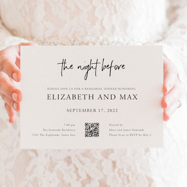 Modern Script Rehearsal QR Code Wedding Invitation Template, The Night Before Dinner, Minimalist Rehearsal Download, Online RSVP, SN033_RD