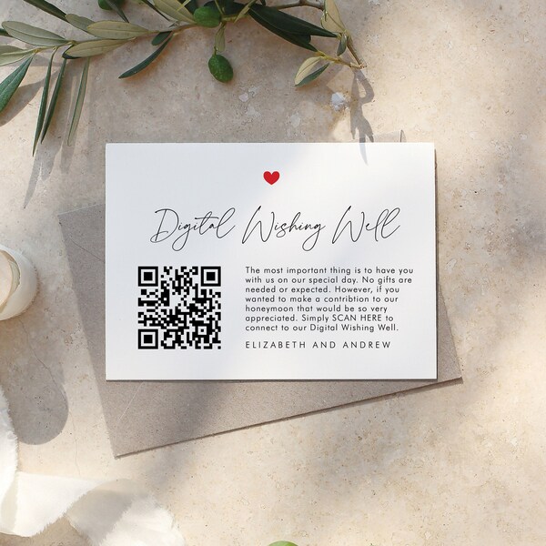 Modern Heart Digital Wishing Well Card, QR Code for Cash Registry, Gift Request Card, Honeymoon Wish, Wedding Request Insert, SN090H_WWQ