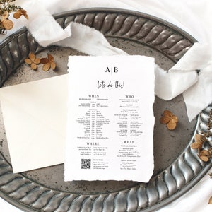 May include: A wedding checklist with the initials "A B" and the text "Let's do this!" The checklist includes sections for "When", "Who", "Where", and "What".