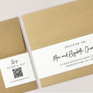 May include: A brown paper RSVP card with a black and white QR code and the text "RSVP BY MAY 8, 2023" and "www.danielleandjames.com". A white label with the text "DELIVER TO Max and Elizabeth Chambers 114 MAIN SOUTH EAST ROAD, UNIT 4B HIGHLAND PARK, NY 11385" is attached to the brown paper.