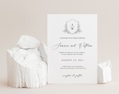 Wedding Crest Invitation, Calligraphy Wedding Invite, Classic Invitation with Editable Crest, Elegant Monogram Invitation, SN105_WI