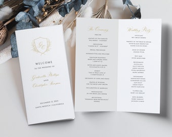 Gold 4 x 9 Folded Wedding Program, Wedding Crest Bi-Fold Template for Ceremony Program, Monogram Long Fold DIY Program Download, SN080B_FP