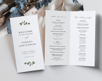 Eucalyptus Folded Wedding Program,Greenery Bi-Fold Template for Ceremony Program, Long Fold DIY Program, 4 x 9 Folded Download, SN014F_FP