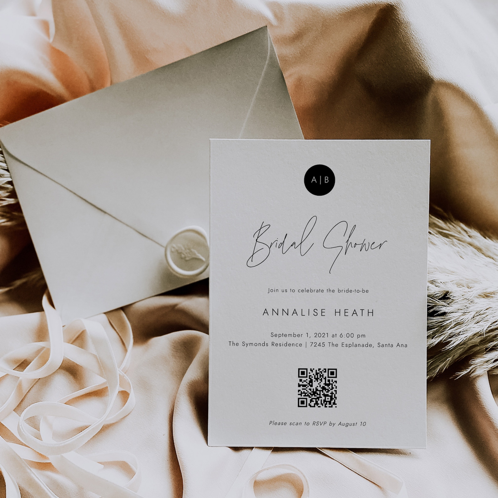 Modern Monogram QR Code Bridal Shower Invitation Template Etsy