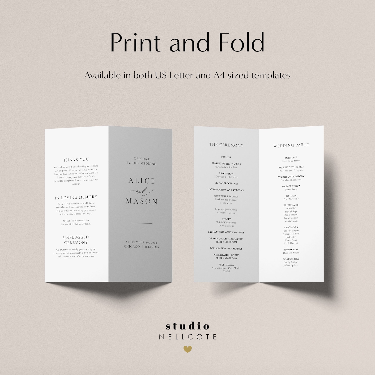 Sample Folded Programs 4 X 9 Folded Wedding Program, Classic Minimalist Script Bi-fold ...
