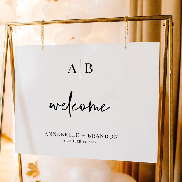 Modern Initials Welcome to our Wedding Sign, Modern Monogram Welcome, Minimalist Welcome Sign, Welcome Sign Template, SN015M_W