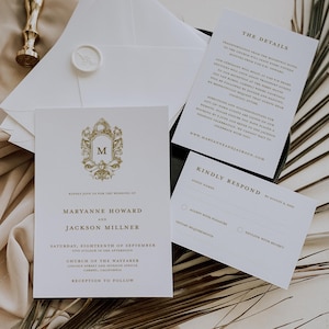 Gold Crest Wedding Invitation Suite, Rococo Monogram Invite, Details and RSVP, Ornate Vintage Gold Invite Set, Late Baroque, SN1050G_S