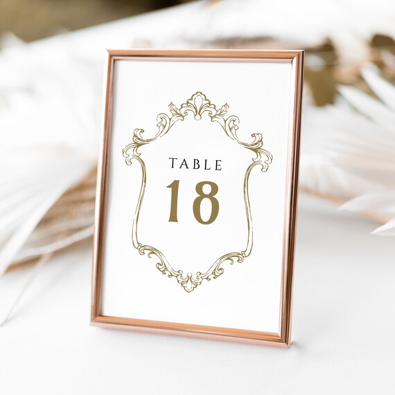 Vintage Gold Table Numbers, Baroque Table Decor, Art Noveau Table Signage, Hand Drawn Ornate Frame Seating Numbers for Reception, SN1100_TN