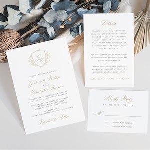 Gold Wedding Crest Wedding Invitation Suite, Formal Invite, Monogram Templett Invitation Set, Calligraphy Set RSVP Details, SN080B_WI