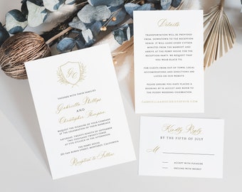 Gold Wedding Crest Wedding Invitation Suite, Formal Invite, Monogram Templett Invitation Set, Calligraphy Set RSVP Details, SN080B_WI