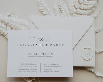 May include: A white invitation card with black text announcing an engagement party for Alice and Mason. The card includes the date, time, location, and RSVP information. The text reads "the engagement party Alice + Mason Invite you to celebrate their engagement Friday October 1, 2024 at Seven-thirty in the evening The Symonds Residence 201 Van Buren Street - Monterey RSVP by September 14 marysymonds1956@gmail.com Hosted by Mary and James Symonds"