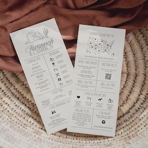 May include: A wedding programme with a black and white design. The programme includes a timeline of the wedding day, a list of the wedding party, and a map showing where guests came from. The programme also includes a QR code to see photos from the wedding.