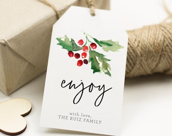 Christmas Holly Gift Tag Template, Watercolor Holiday Card, SN012C