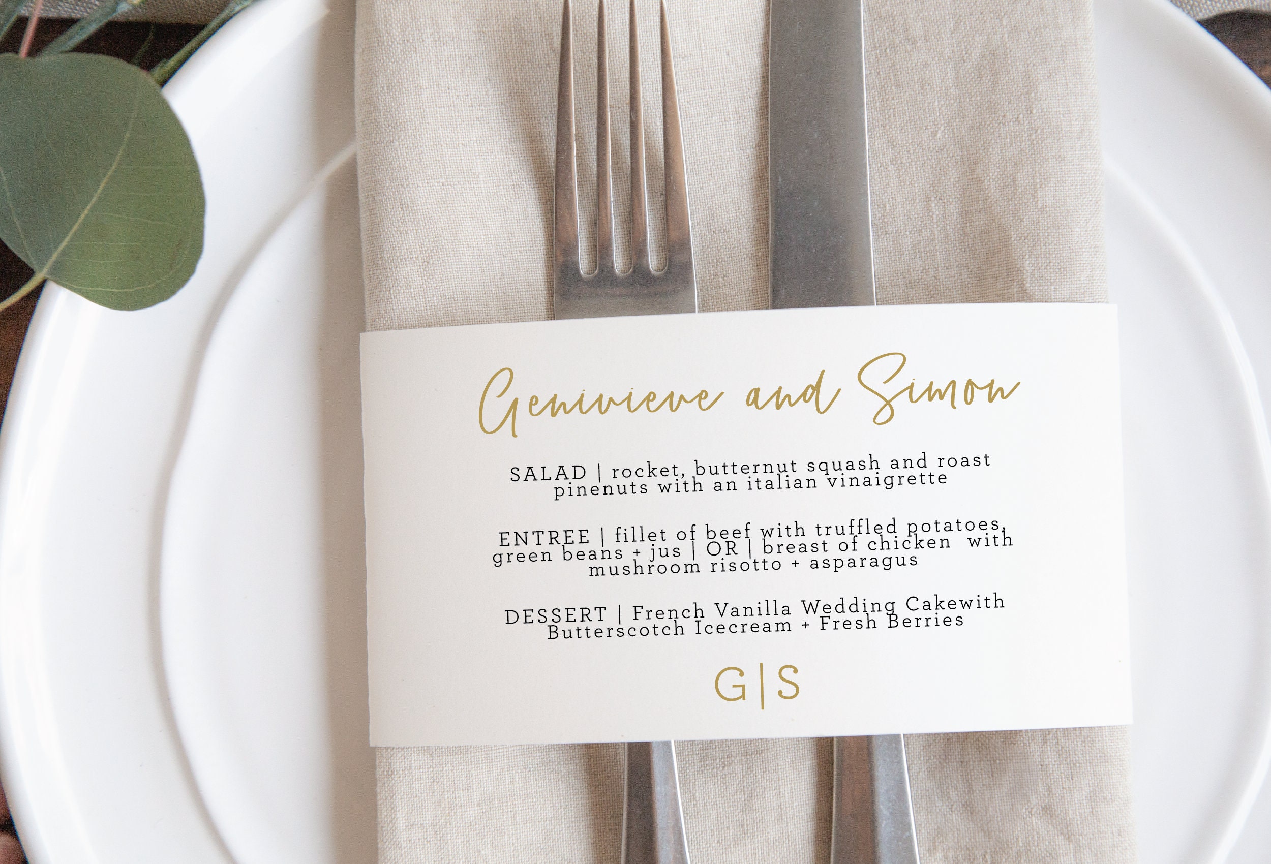 Gold Napkin Wrap Menu Template Wedding Napkin Ring Menu | Etsy